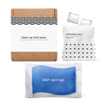 kitchen essentials kit including dishwasher pacs and dish sponge in a box.