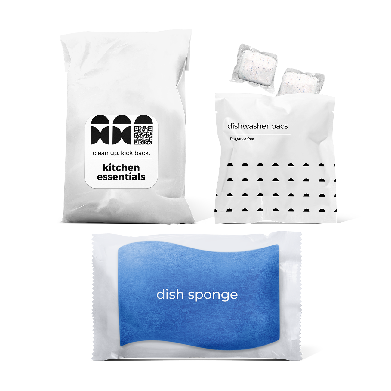 kitchen essentials kit including dishwasher pacs and dish sponge in a bag.