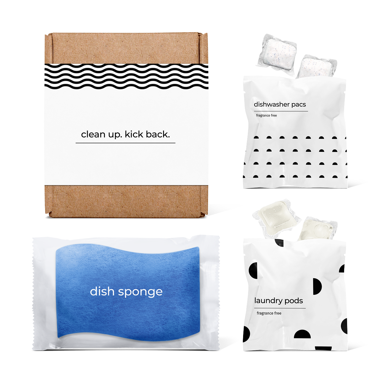 Kitchen essentials kit with dish sponge, dishwasher pacs, and laundry pods in a box.