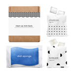 Kitchen essentials kit with dish sponge, dishwasher pacs, and laundry pods in a box.