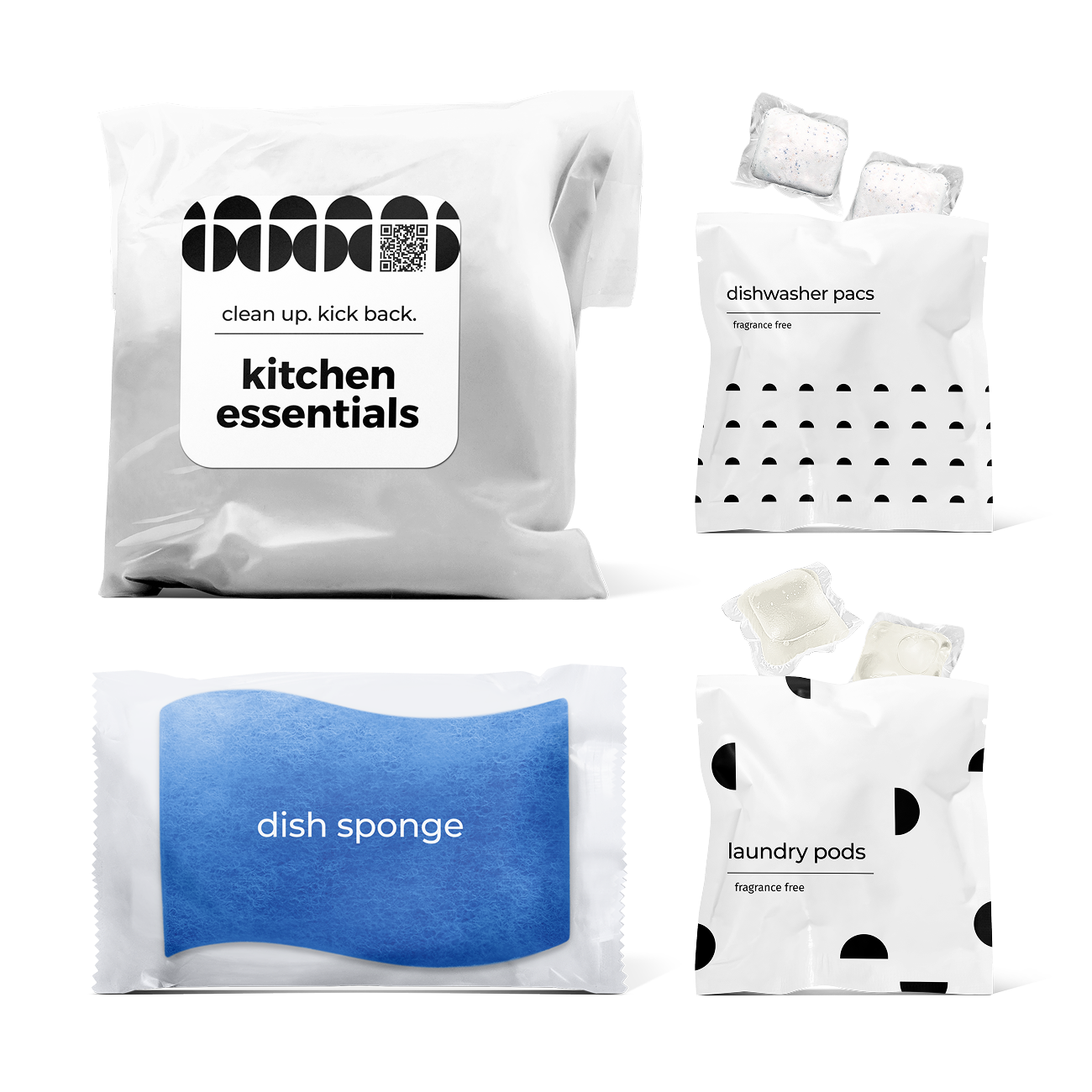 Kitchen essentials kit with dish sponge, dishwasher pacs, and laundry pods in a bag.