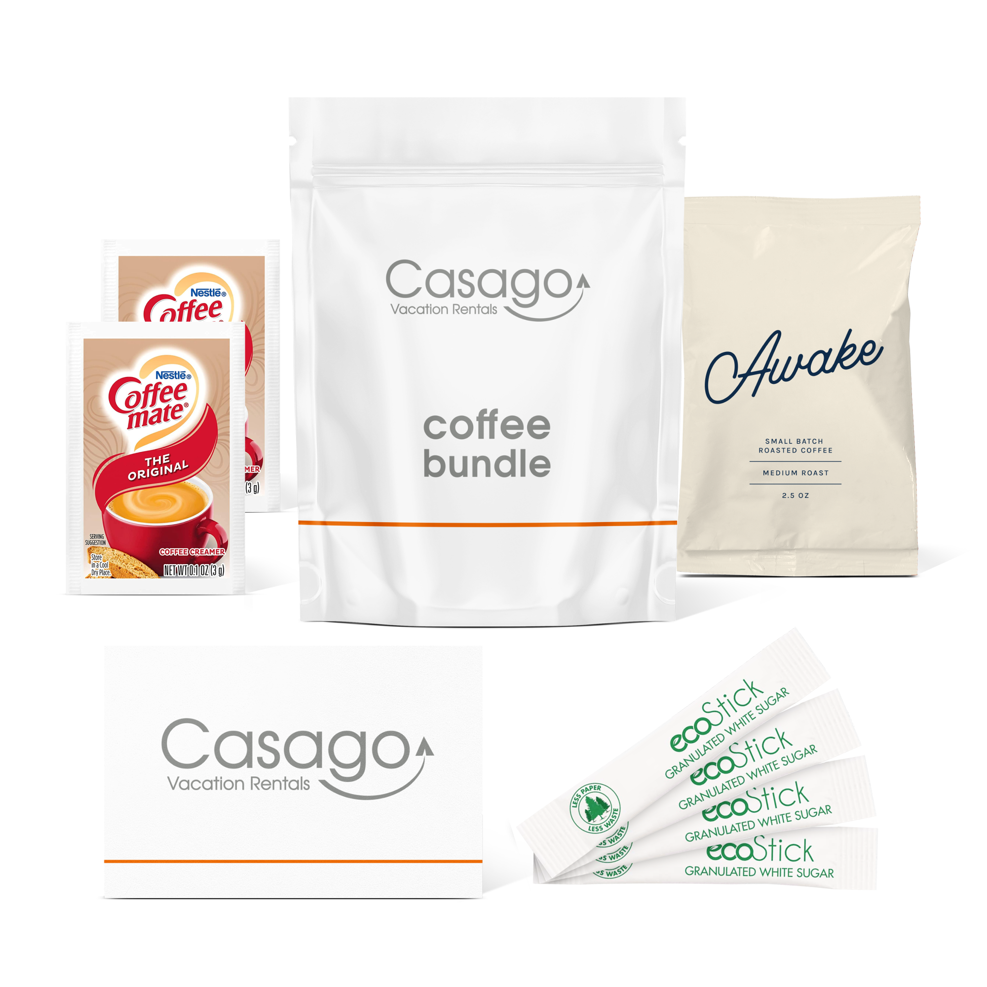Casago coffee bundle with two Coffeemate powdered creamers, four sticks of granulated white sugar, a bag of sojo's Awake ground coffee blend, and a welcome card