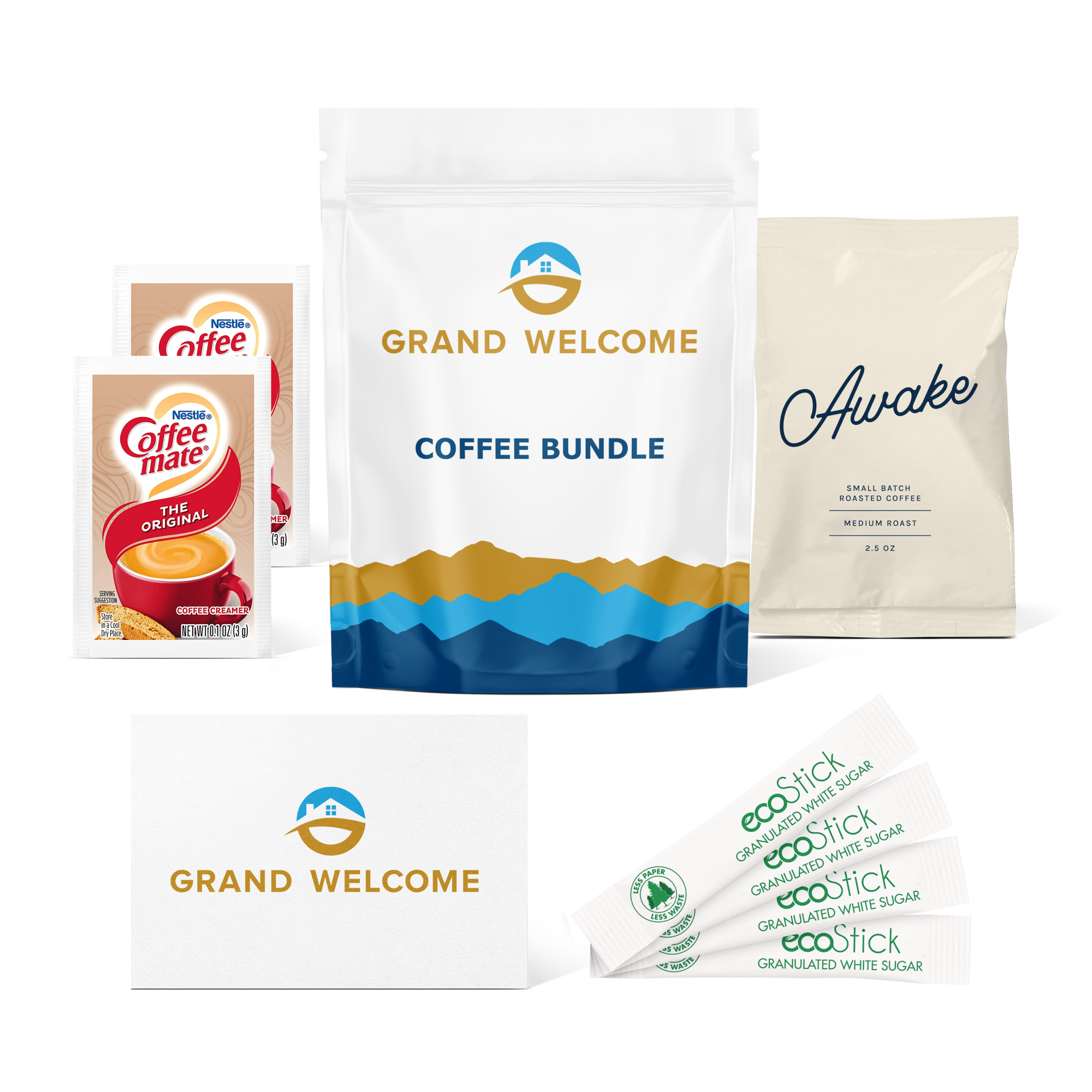 Grand Welcome coffee bundle with two Coffeemate powdered creamers, four sticks of granulated white sugar, a bag of sojo's Awake ground coffee blend, and a welcome card