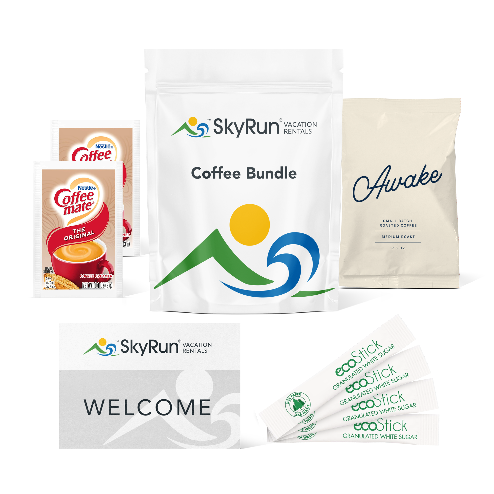 SkyRun coffee bundle with two Coffeemate powdered creamers, four sticks of granulated white sugar, a bag of sojo's Awake ground coffee blend, and a welcome card