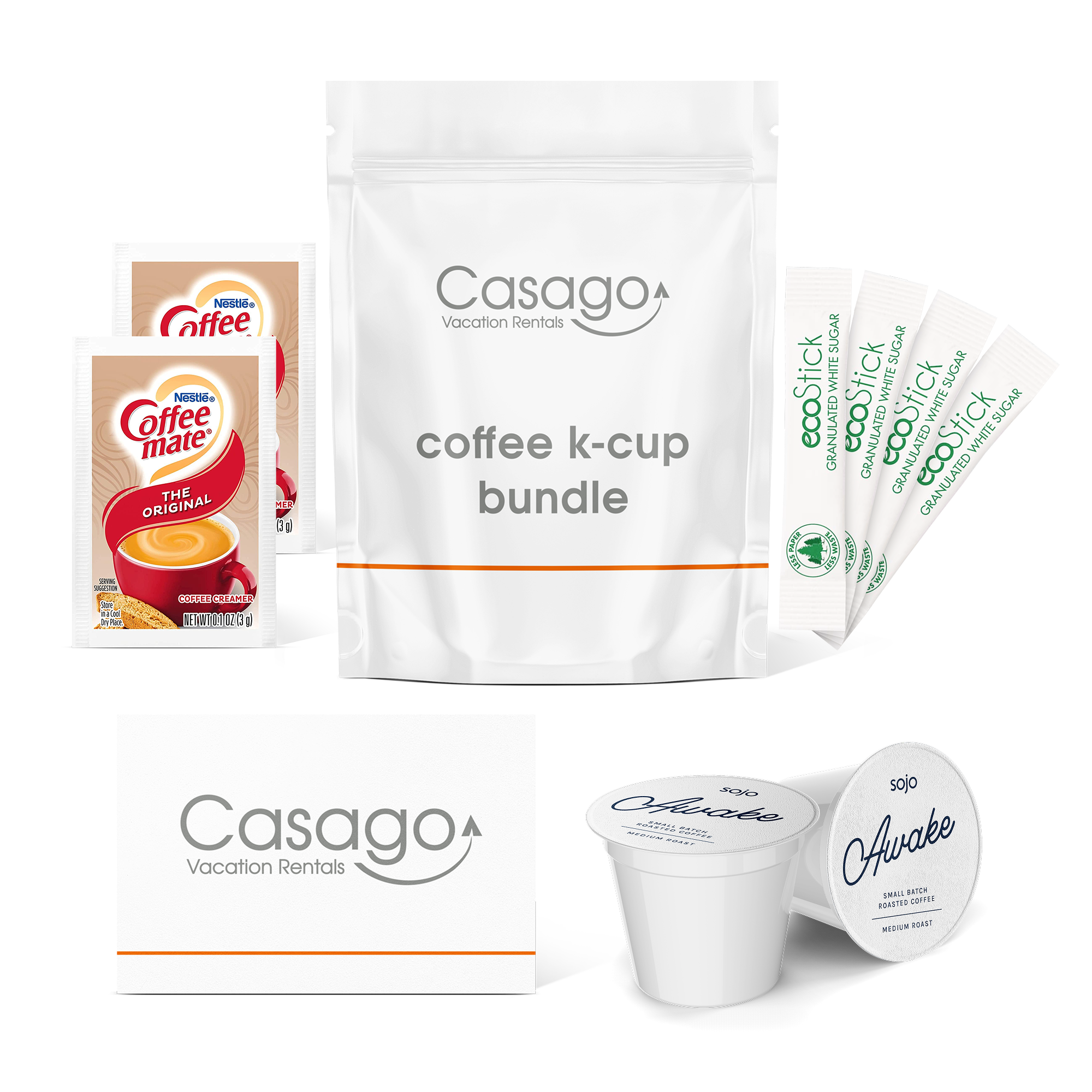 Casago coffee bundle with two Coffeemate powdered creamers, four sticks of granulated white sugar, two k-cups of sojo's Awake coffee blend, and a welcome card