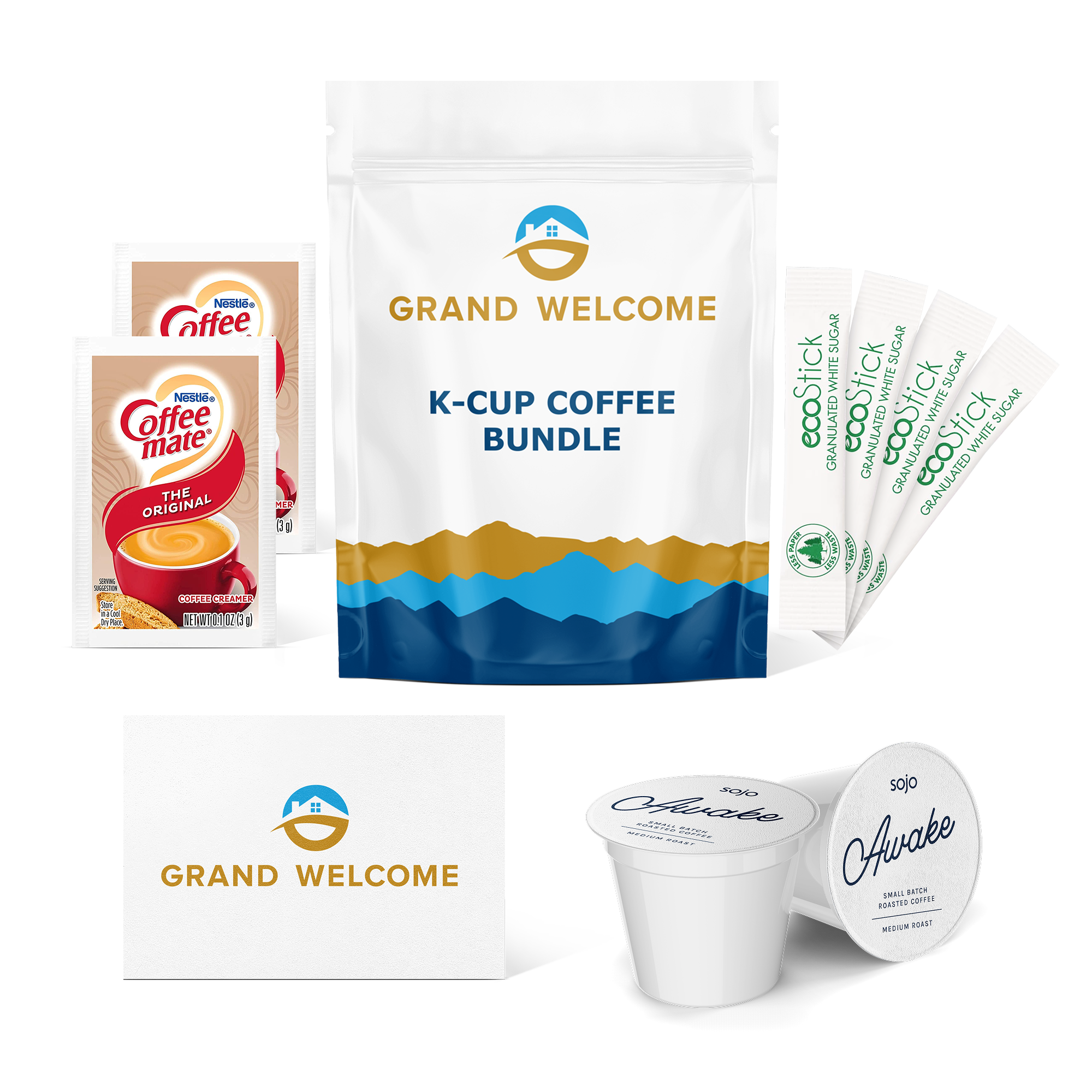 Grand Welcome coffee bundle with two Coffeemate powdered creamers, four sticks of granulated white sugar, two k-cups of sojo's Awake coffee blend, and a welcome card