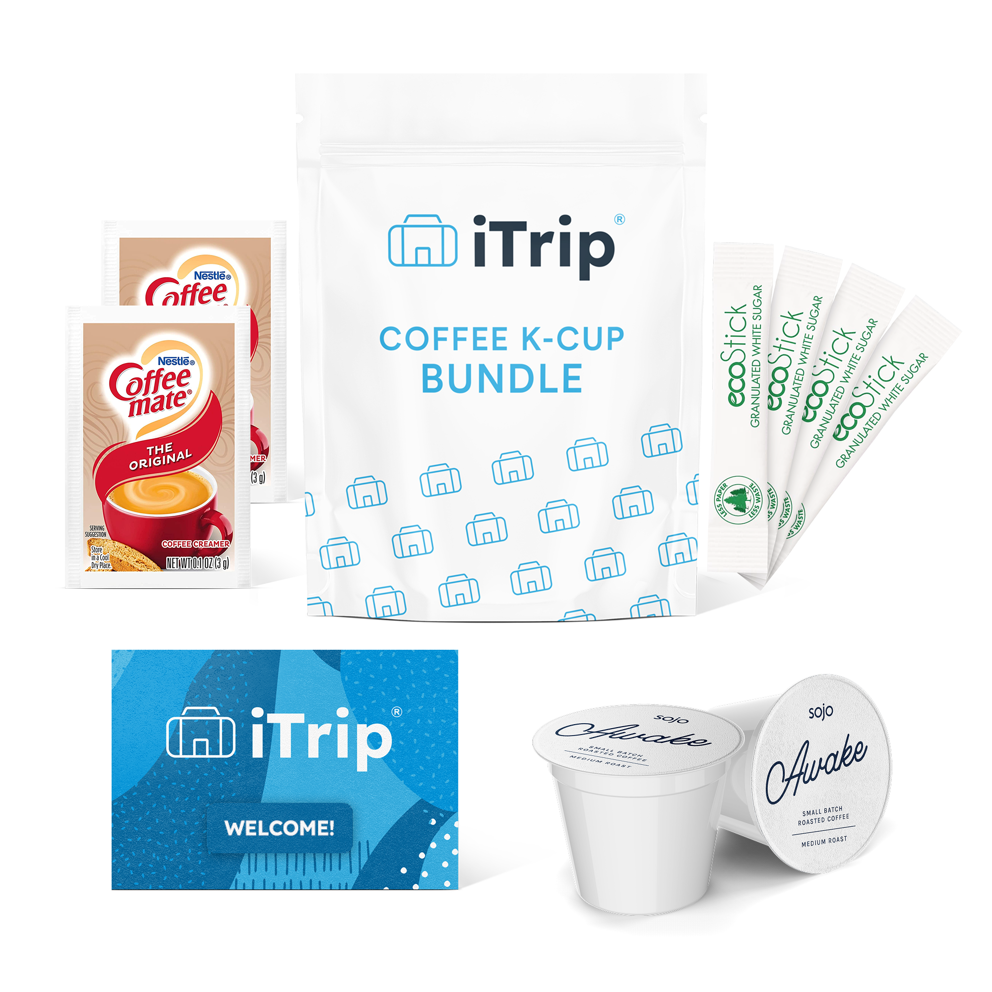 itrip coffee bundle with two Coffeemate powdered creamers, four sticks of granulated white sugar, two k-cups of sojo's Awake coffee blend, and a welcome card