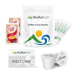 SkyRun coffee bundle with two Coffeemate powdered creamers, four sticks of granulated white sugar, two k-cups of sojo's Awake coffee blend, and a welcome card