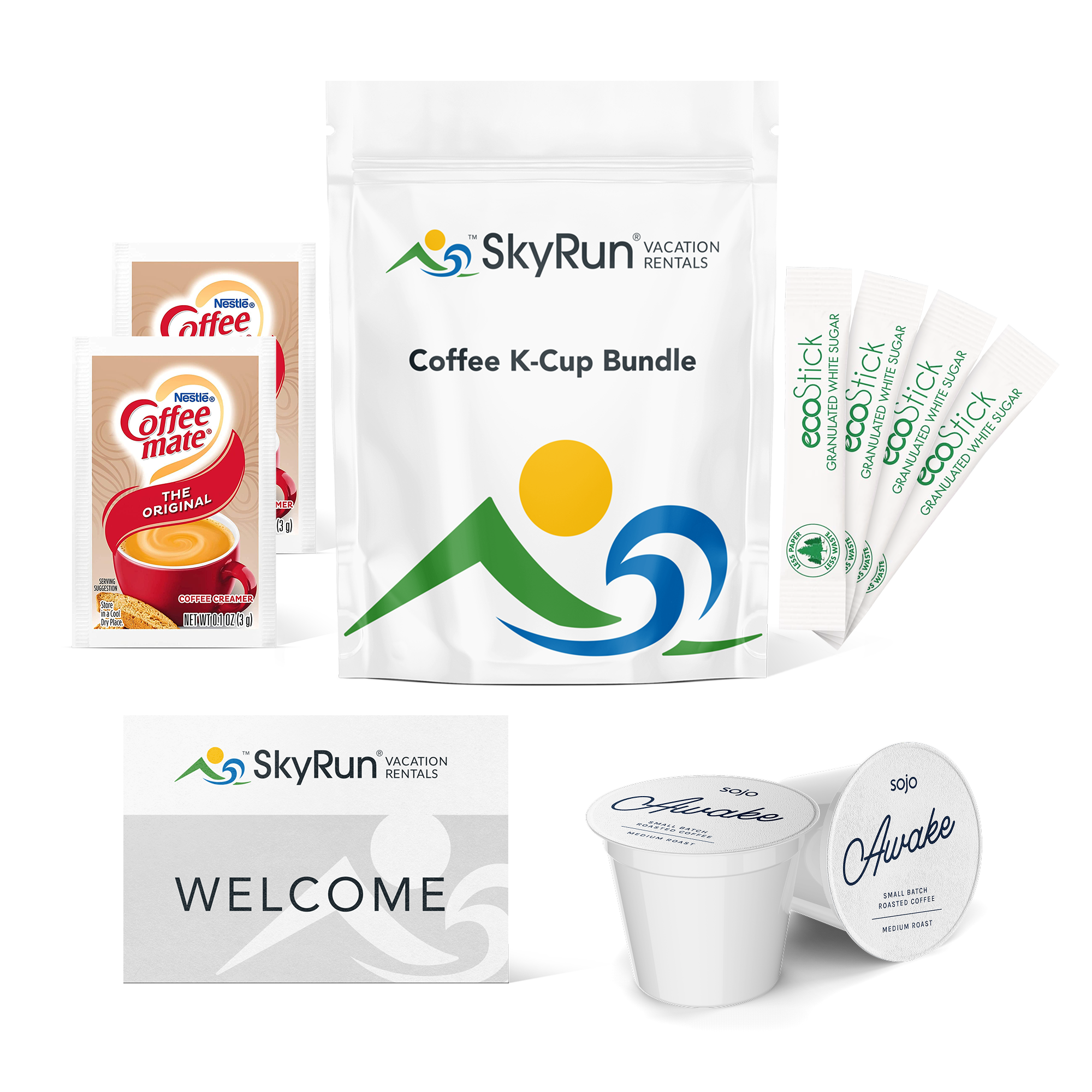 SkyRun coffee bundle with two Coffeemate powdered creamers, four sticks of granulated white sugar, two k-cups of sojo's Awake coffee blend, and a welcome card