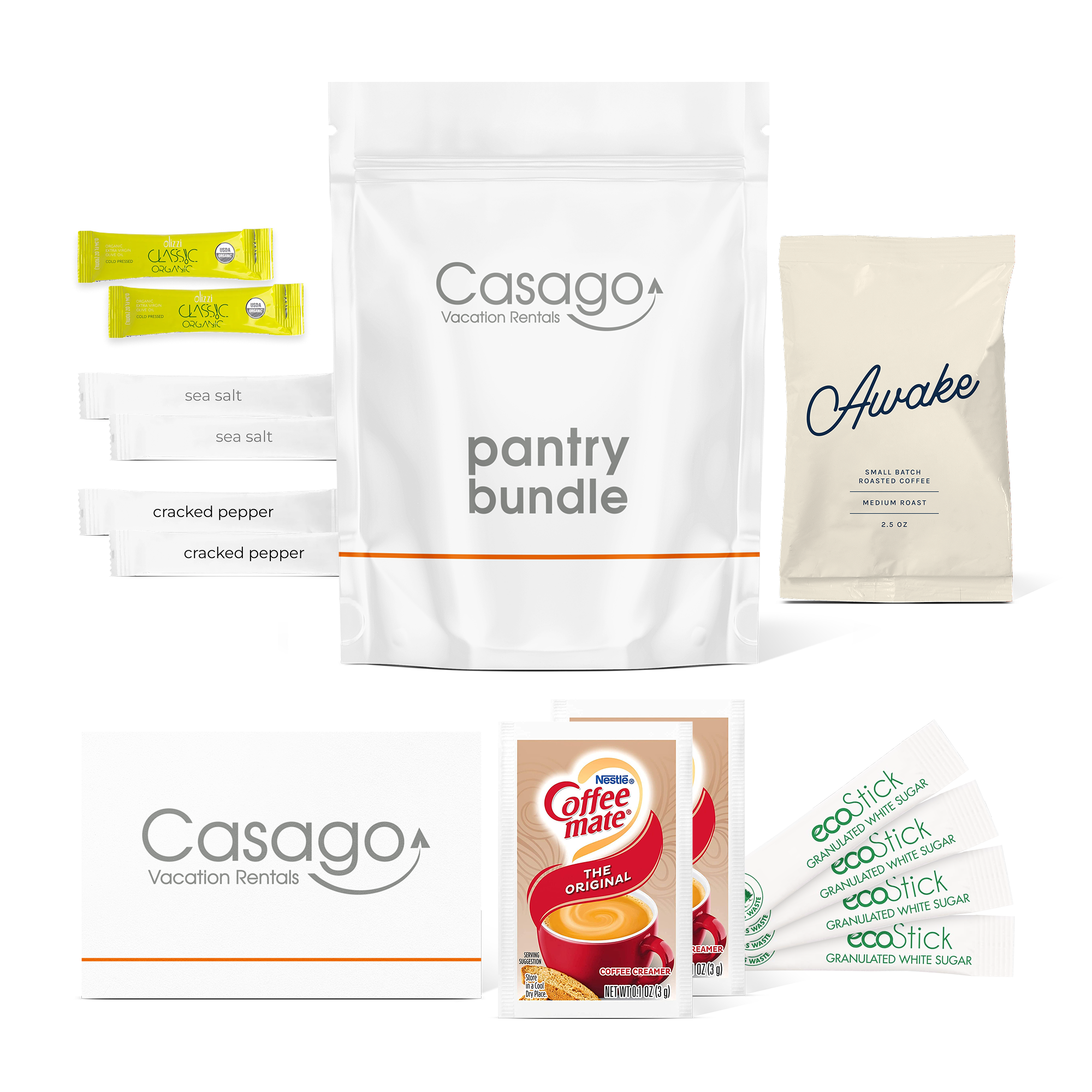 Casago pantry bundle with two olive oil sticks, two sea salt sticks, two cracked pepper sticks, one bag of sojo's Awake ground coffee blend, two packs of Coffee mate powdered creamer, four sticks of granulated white sugar and a Casago welcome card.