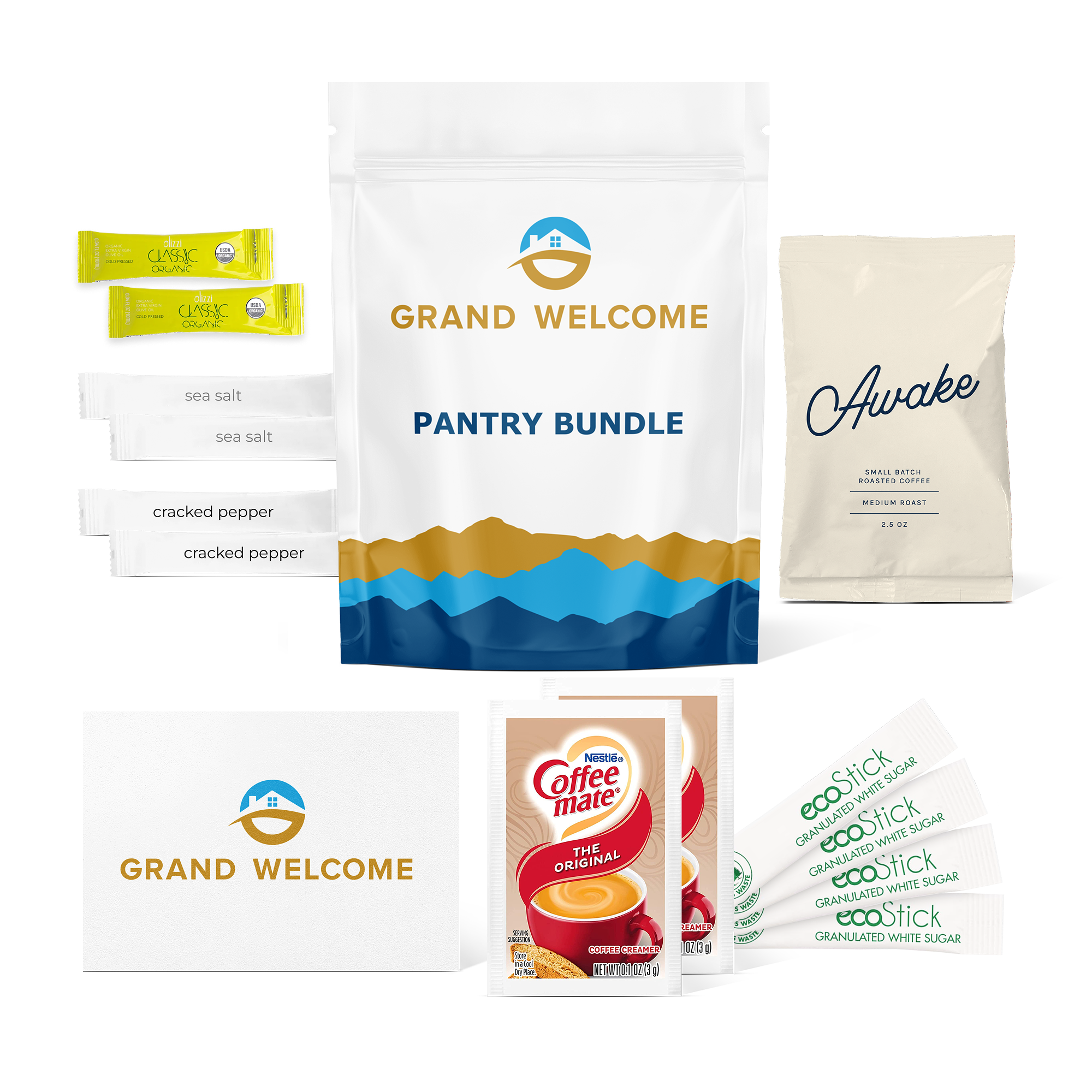 Grand Welcome pantry bundle with two olive oil sticks, two sea salt sticks, two cracked pepper sticks, one bag of sojo's Awake ground coffee blend, two packs of Coffee mate powdered creamer, four sticks of granulated white sugar and a welcome card.