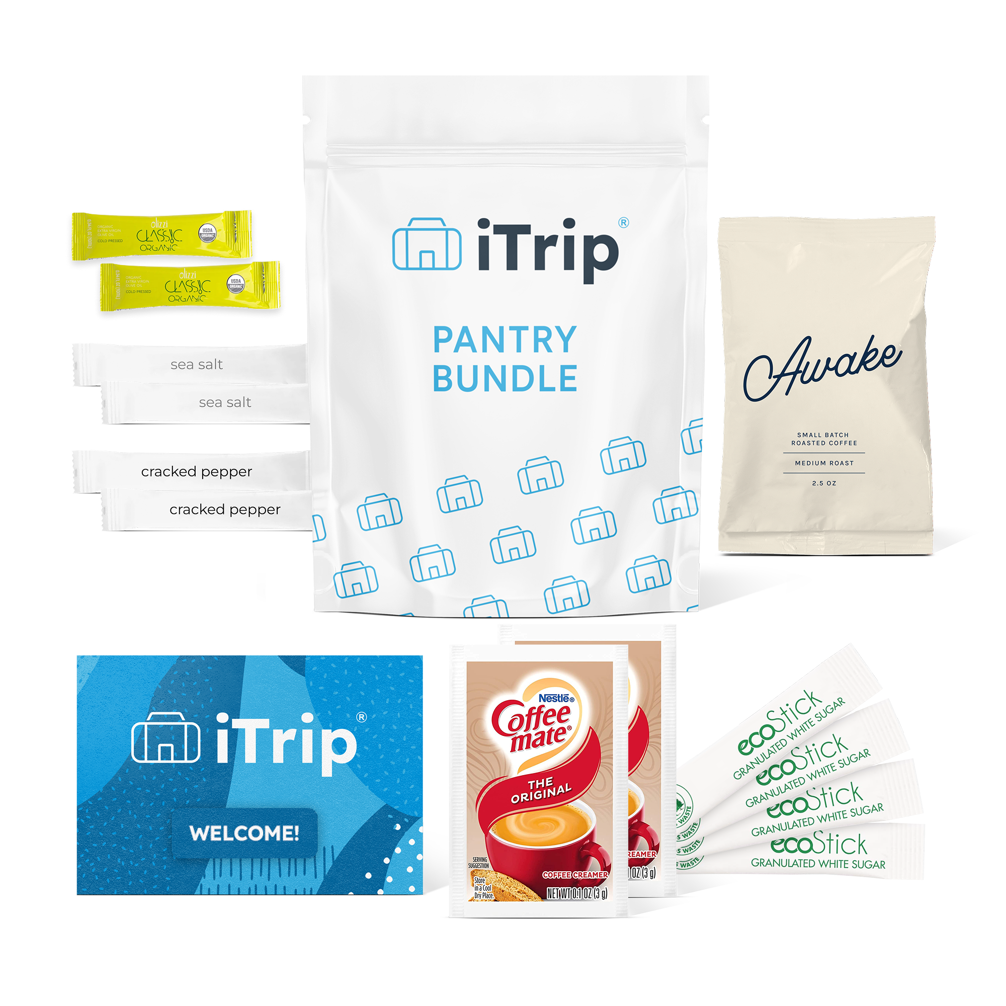 itrip pantry bundle with two olive oil sticks, two sea salt sticks, two cracked pepper sticks, one bag of sojo's Awake ground coffee blend, two packs of Coffee mate powdered creamer, four sticks of granulated white sugar and a welcome card.
