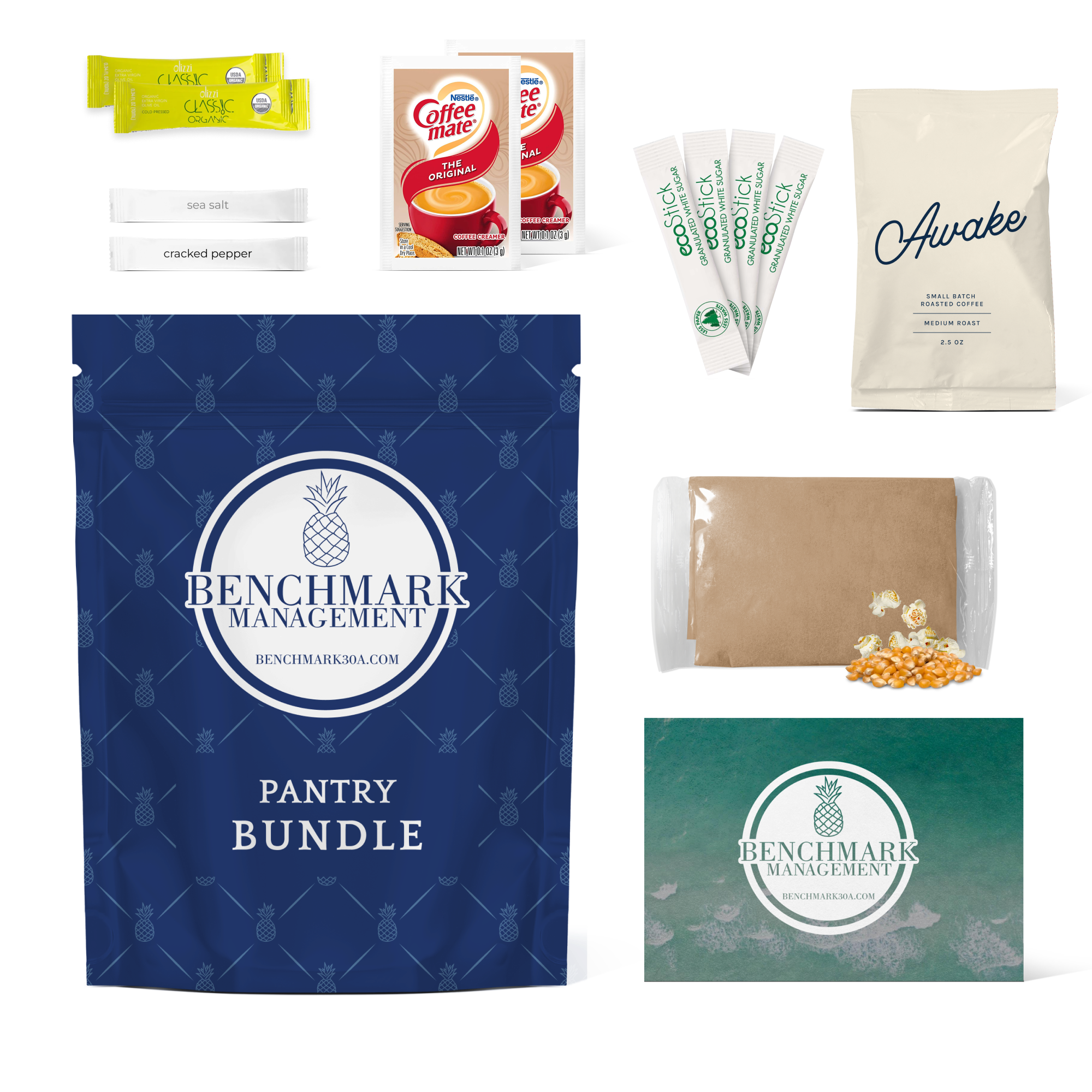 Monarch Benchmark Management branded pantry bundle with two olive oil sticks, two sea salt sticks, two cracked pepper sticks, one bag of sojo's Awake ground coffee blend, two packs of Coffee mate powdered creamer, four sticks of granulated white sugar and a welcome card.