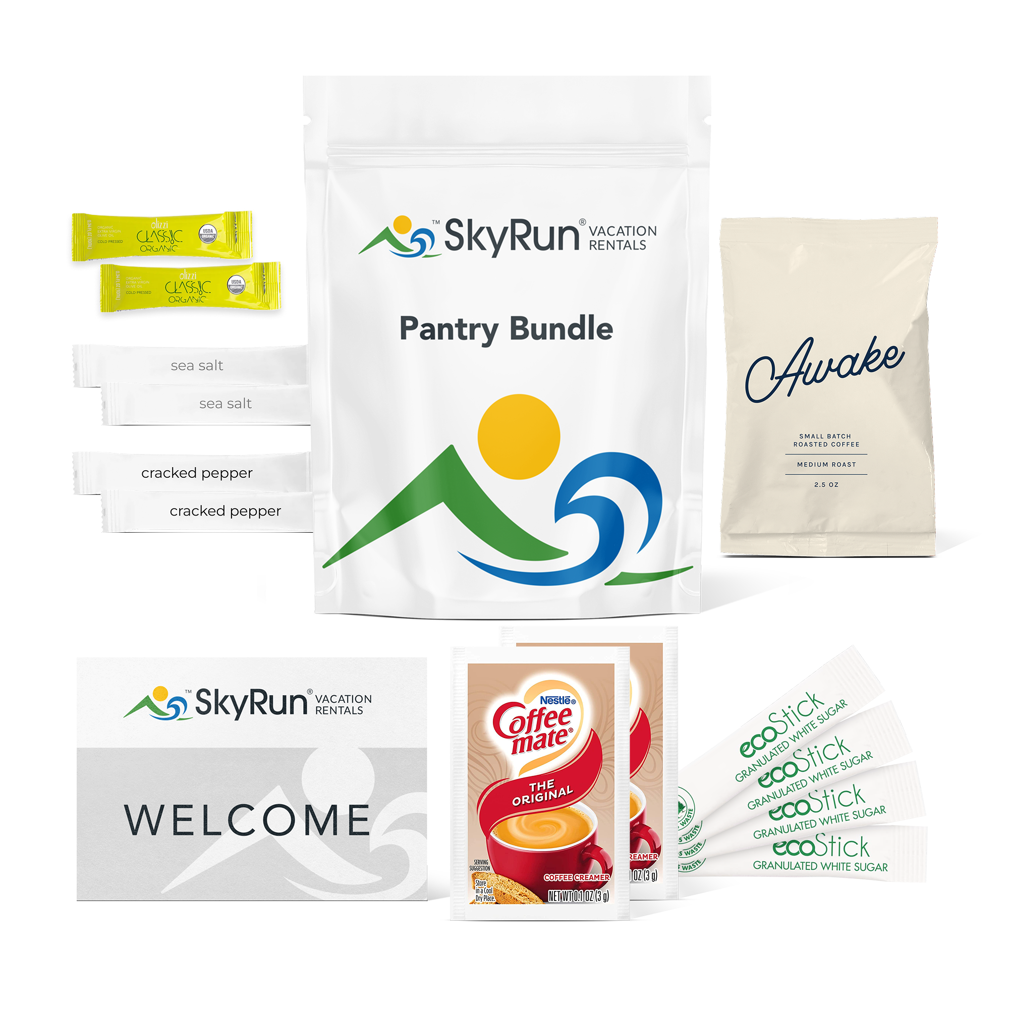 SkyRun pantry bundle with two olive oil sticks, two sea salt sticks, two cracked pepper sticks, one bag of sojo's Awake ground coffee blend, two packs of Coffee mate powdered creamer, four sticks of granulated white sugar and a welcome card.