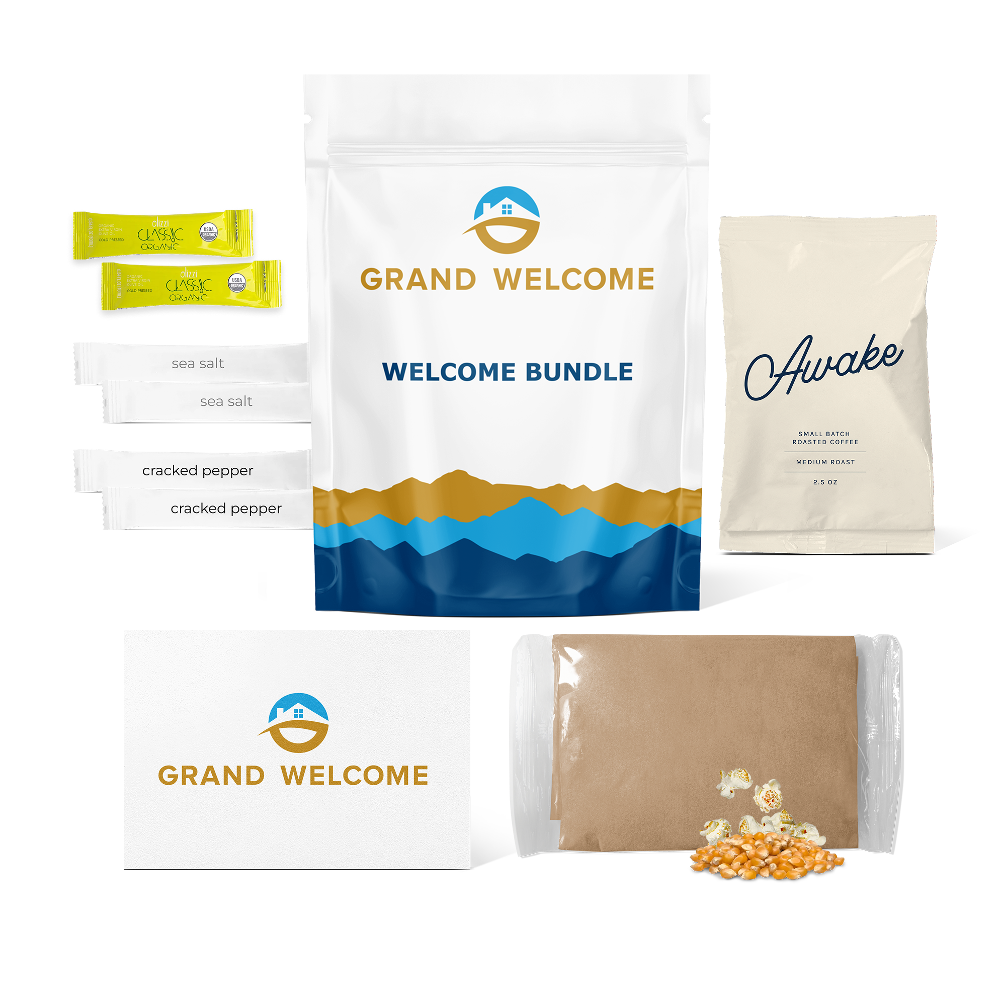 Grand Welcome welcome bundle with two olive oil sticks, two sea salt sticks, two cracked pepper sticks, one bag of sojo's Awake ground coffee blend, one bag of microwavable popcorn, and a welcome card.
