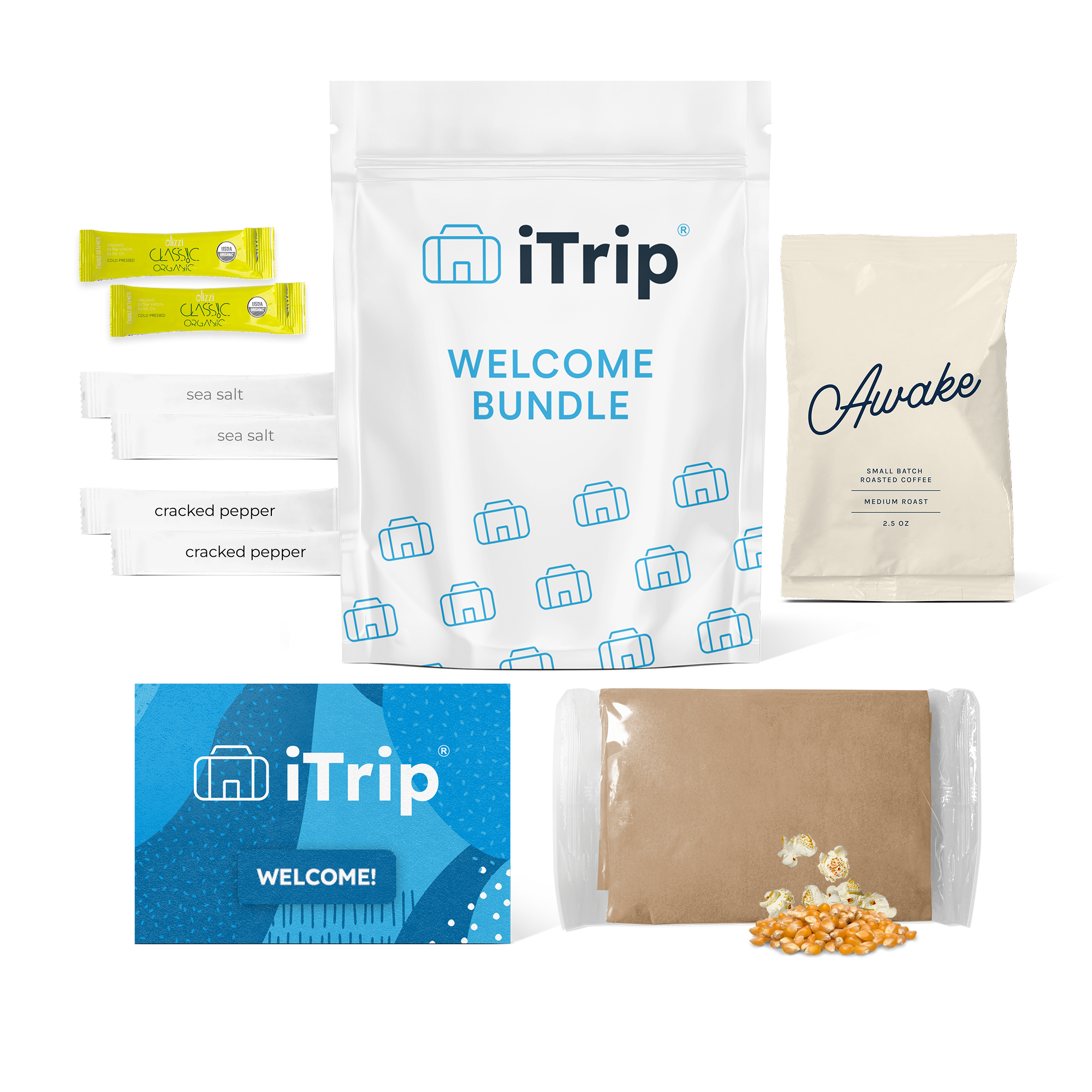 iTrip welcome bundle with two olive oil sticks, two sea salt sticks, two cracked pepper sticks, one bag of sojo's Awake ground coffee blend, one bag of microwavable popcorn, and a welcome card.