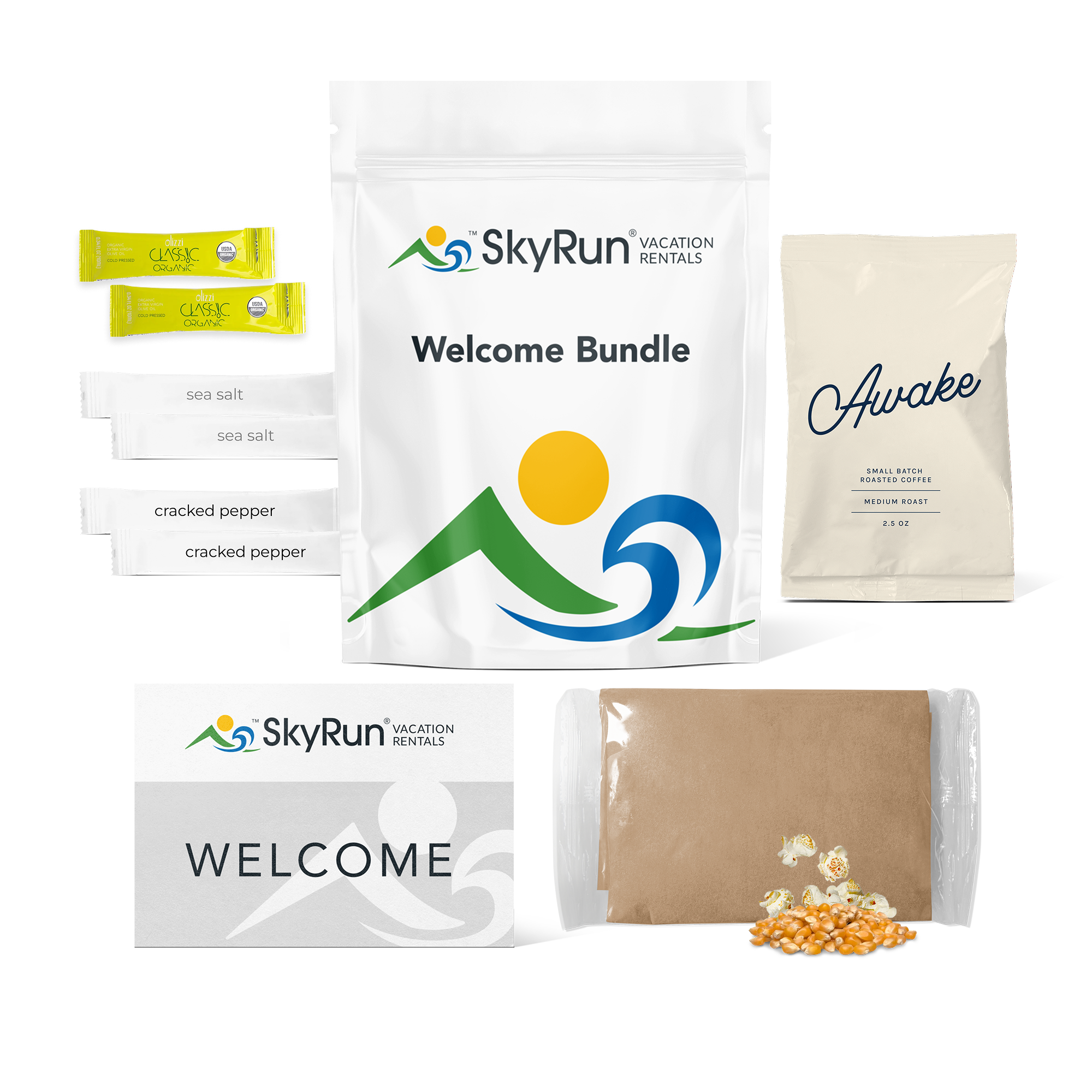 SkyRun welcome bundle with two olive oil sticks, two sea salt sticks, two cracked pepper sticks, one bag of sojo's Awake ground coffee blend, one bag of microwavable popcorn, and a welcome card.