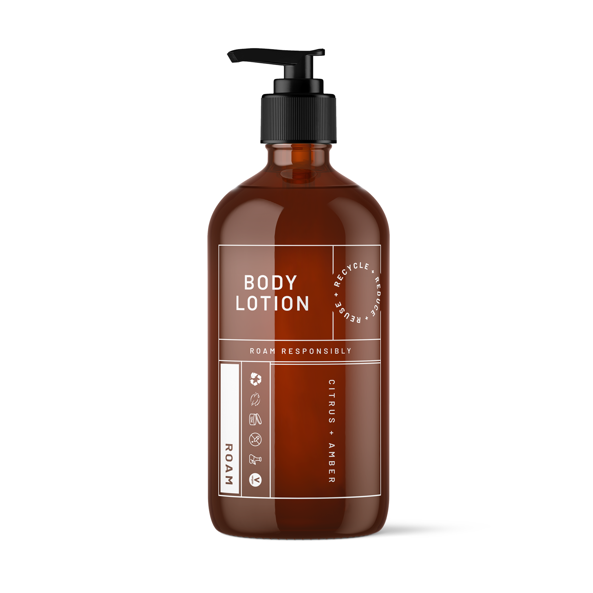 Amber refill bottle of body lotion with pump dispenser and citrus and amber scent label