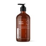 Amber refill bottle of body wash with pump dispenser and citrus and amber scent label