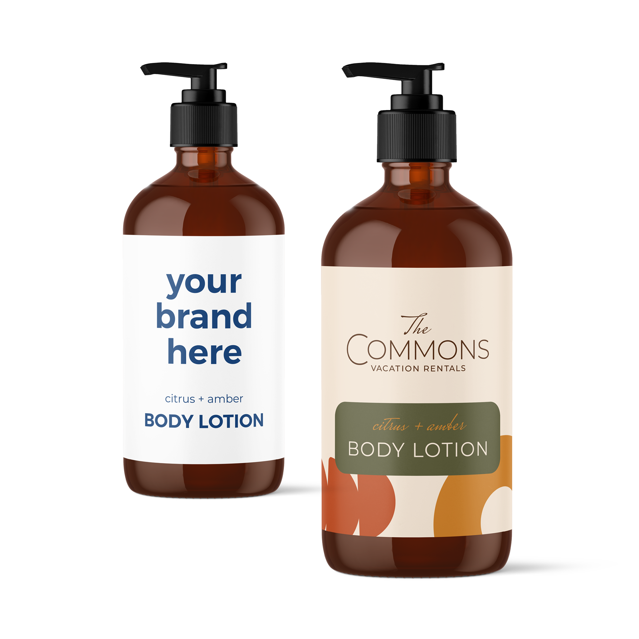 Two amber refill bottles of body lotion with pump dispensers showing custom branded labels for vacation rentals