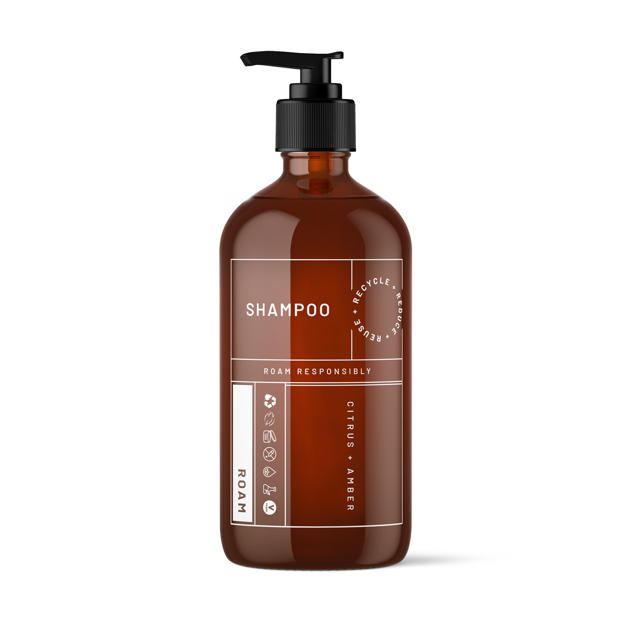 Amber refill bottle of shampoo with pump dispenser and citrus and amber label