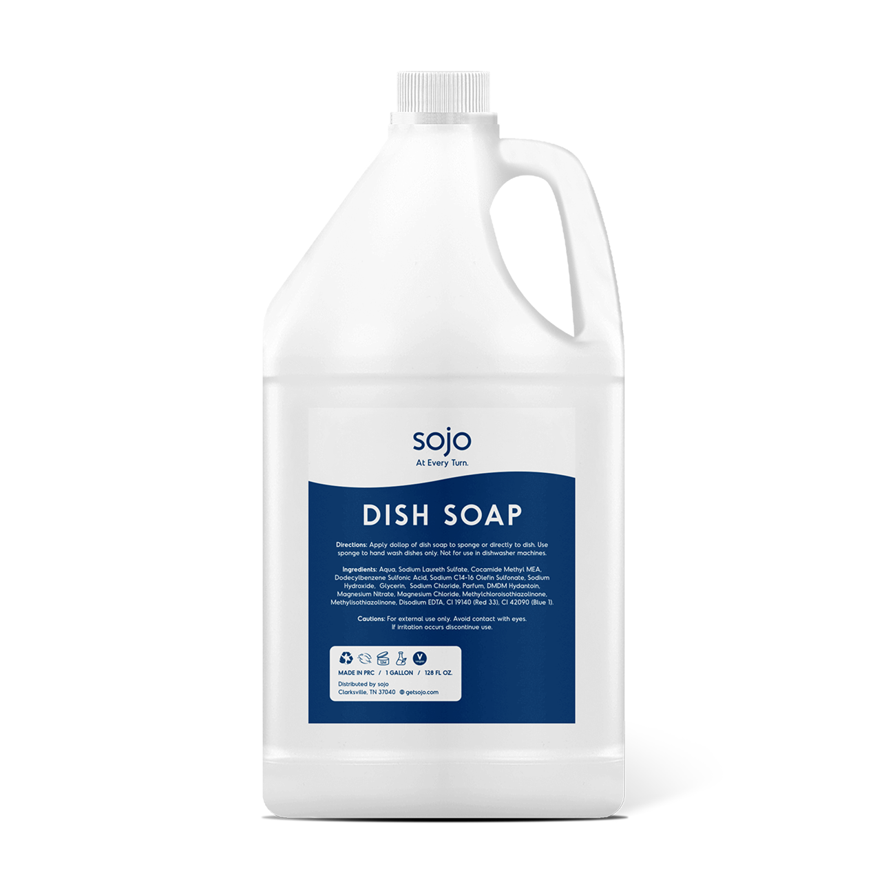 White and navy blue refill gallon of dish soap
