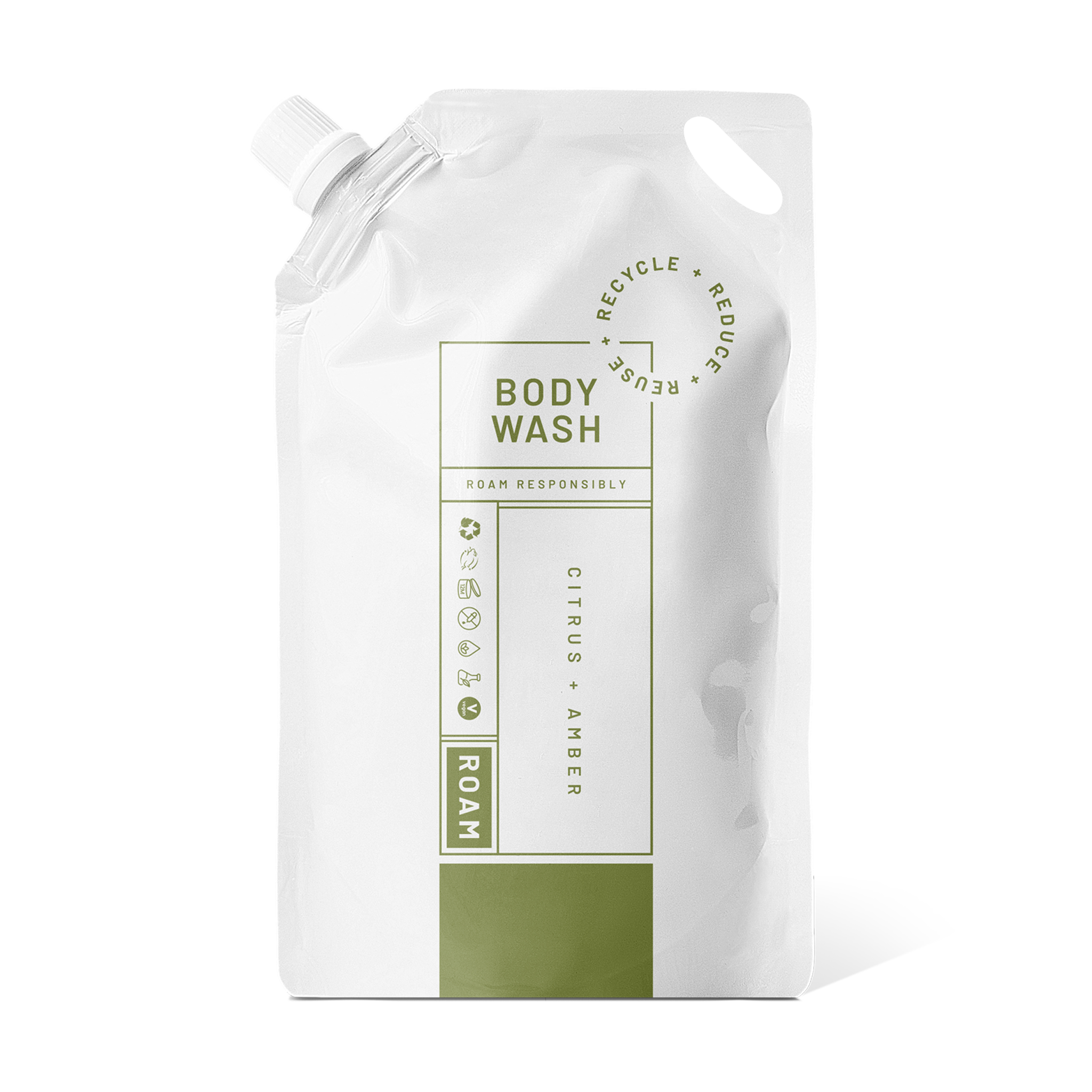 White and sage refill pouch of body wash with citrus and amber label