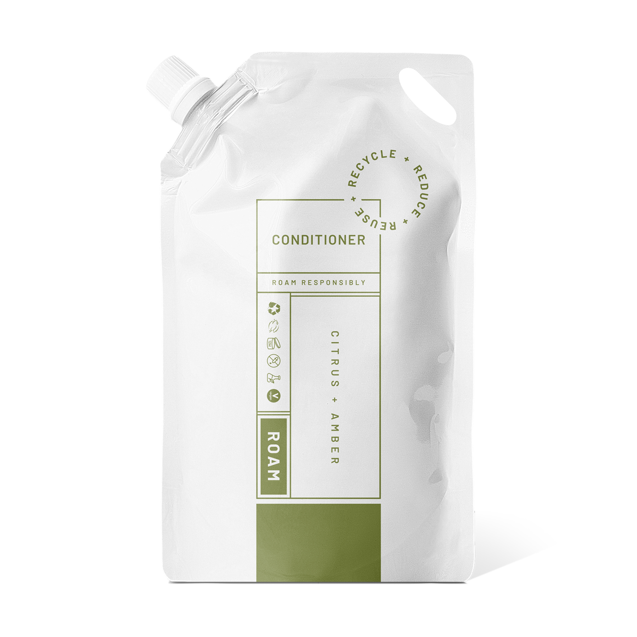 White and sage refill pouch of conditioner with citrus and amber label