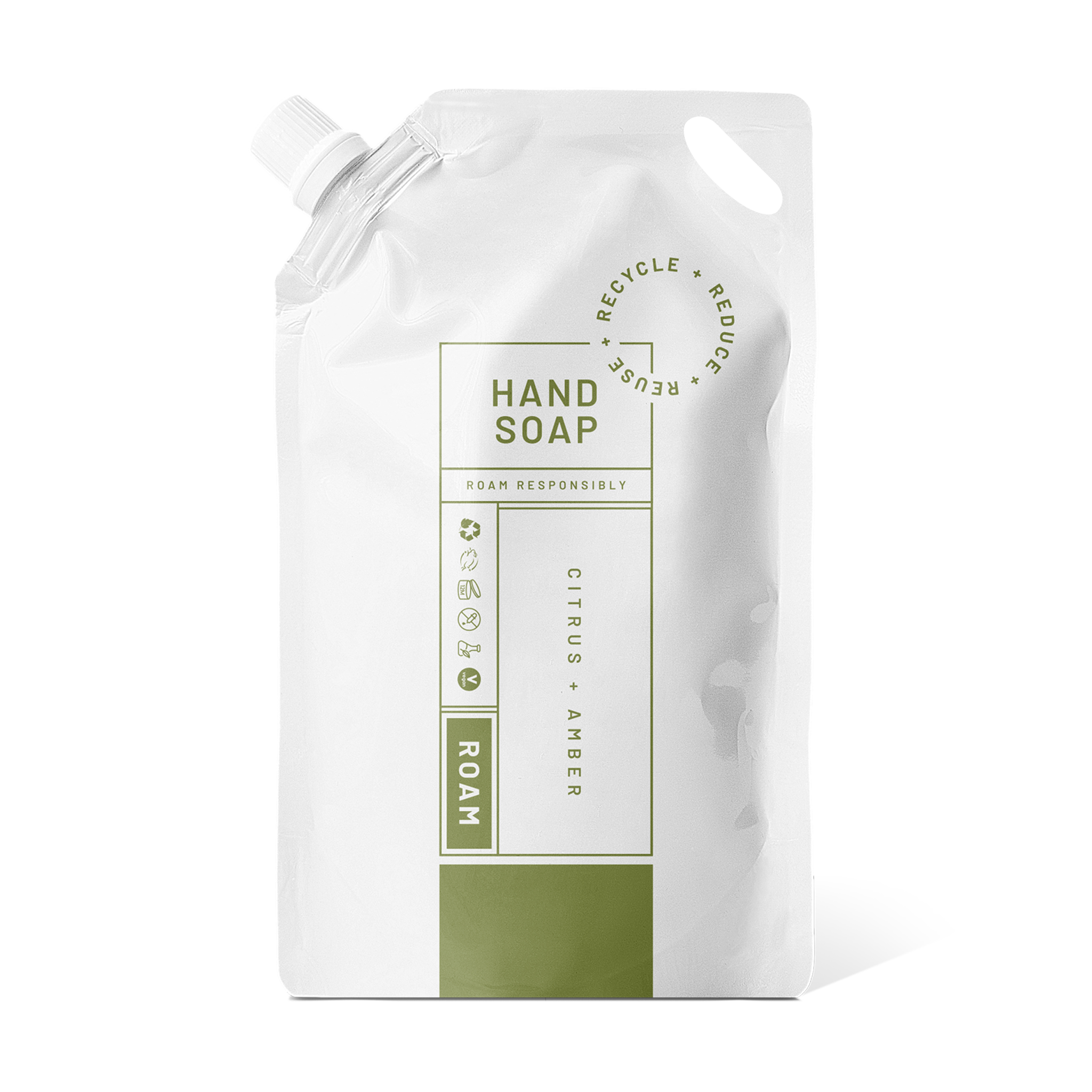 White and sage refill pouch of hand soap with citrus and amber label