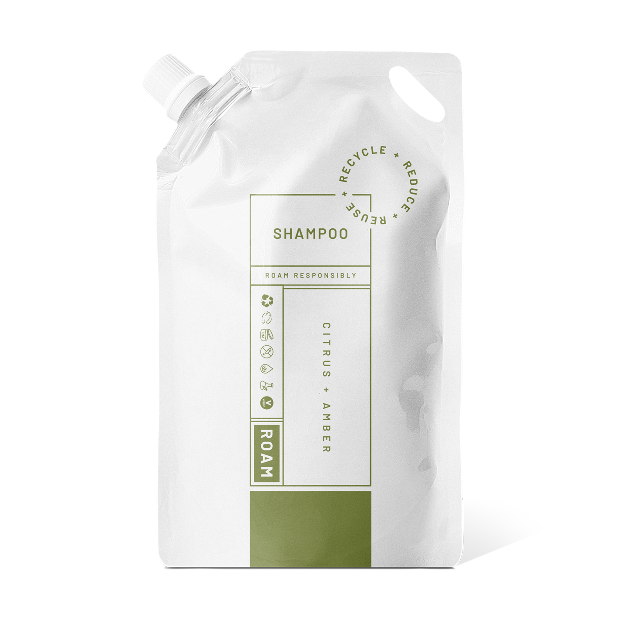 White and sage refill pouch of shampoo with citrus and amber label