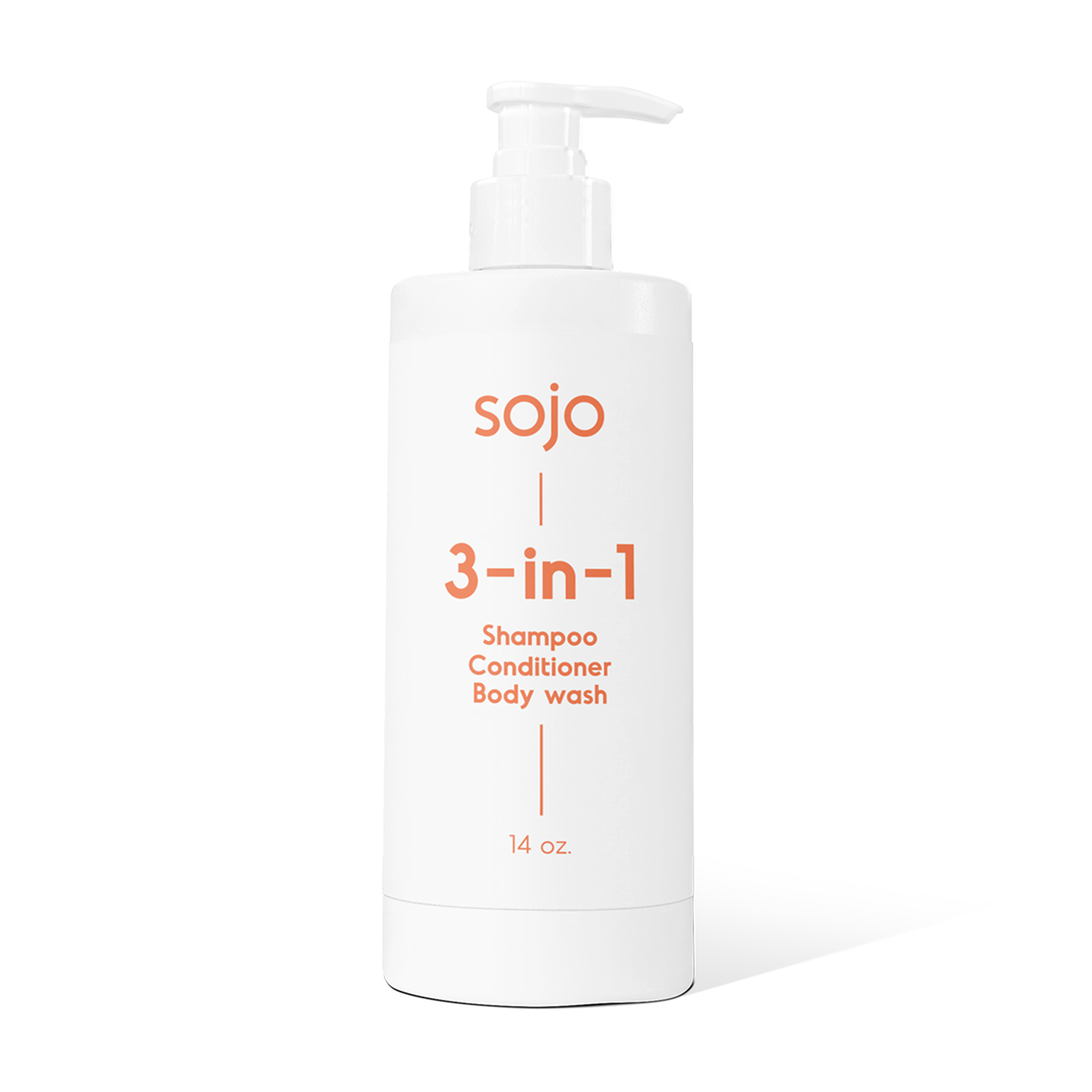 14oz White and orange refill bottle of 3-in-1 shampoo, conditioner, and body wash with pump 