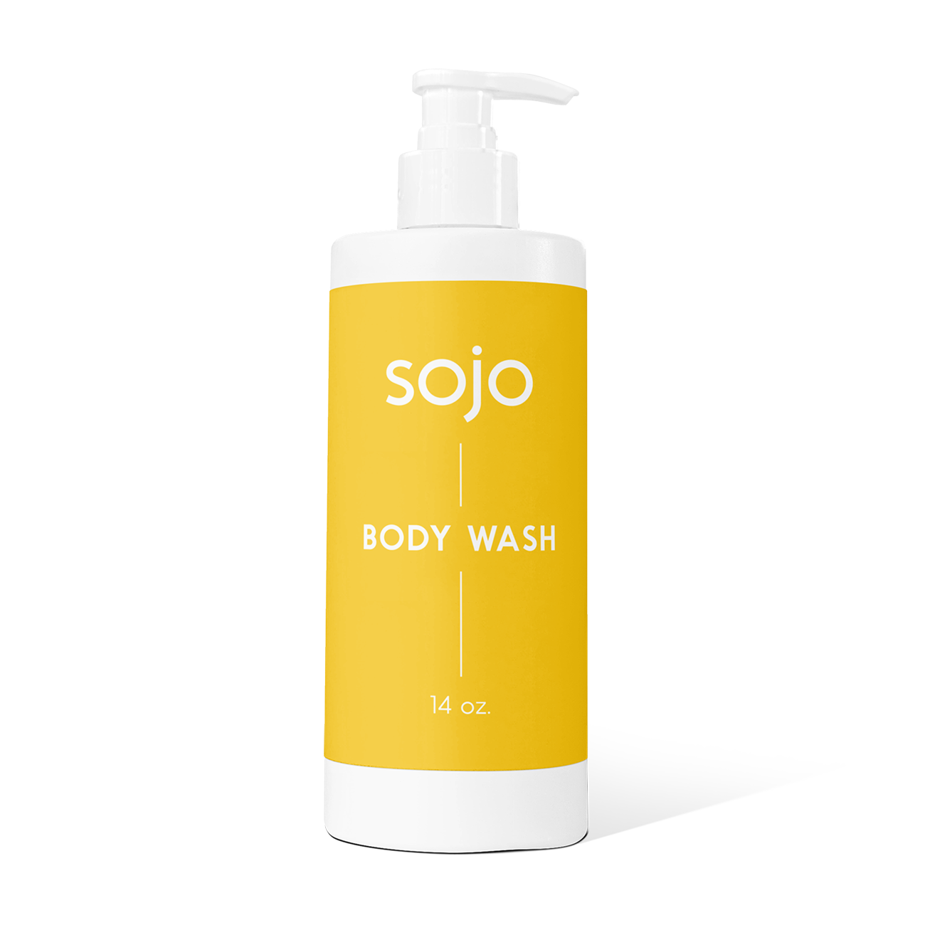 14oz White and bright yellow refill bottle of body wash with pump 