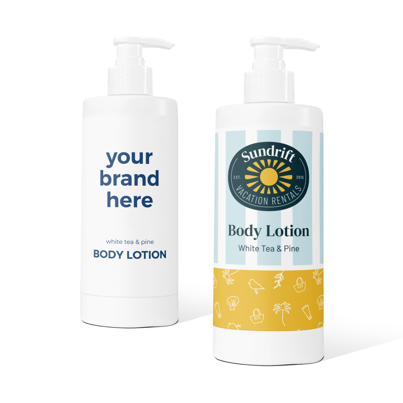 Two white refill bottles of body lotion with pump dispensers showing custom branded labels for vacation rentals