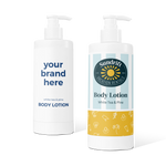 Two white refill bottles of body lotion with pump dispensers showing custom branded labels for vacation rentals