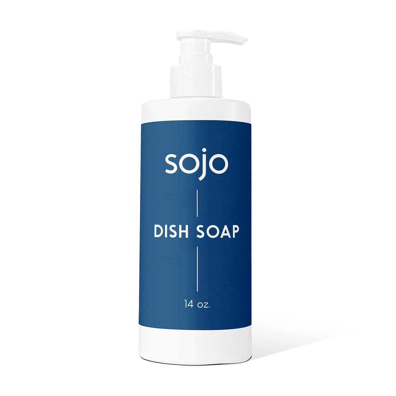 14oz White and navy blue refill bottle of dish soap with pump 