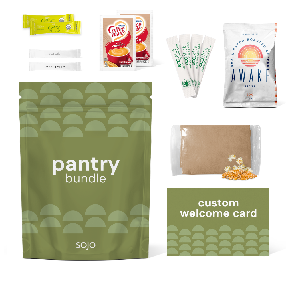 Collection of sojo products including a green 'pantry bundle' package, coffee mate packets, and a 'Awake' coffee bag on a white background.