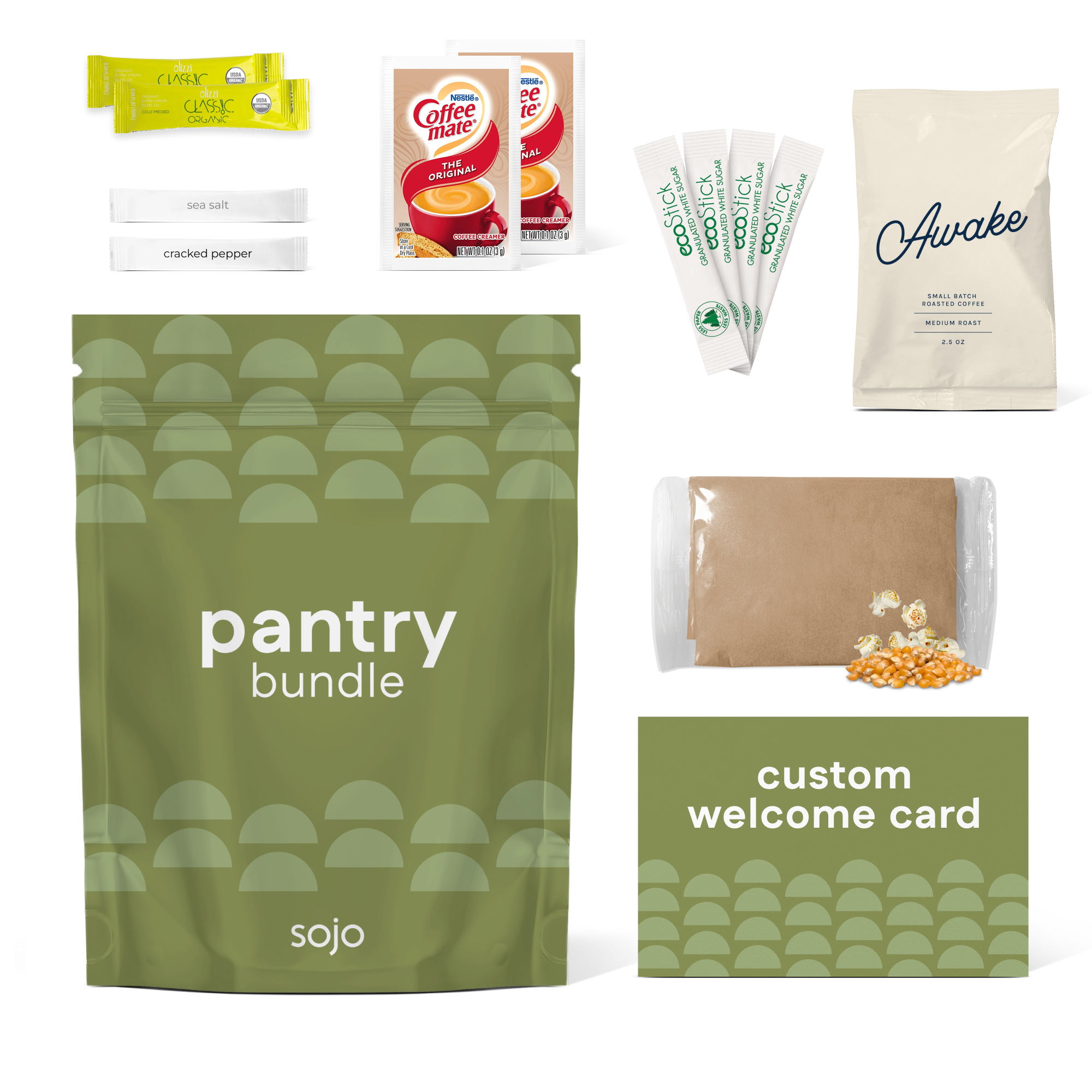 Collection of sojo products including a green 'pantry bundle' package, coffee mate packets, and a 'Awake' coffee bag on a white background.