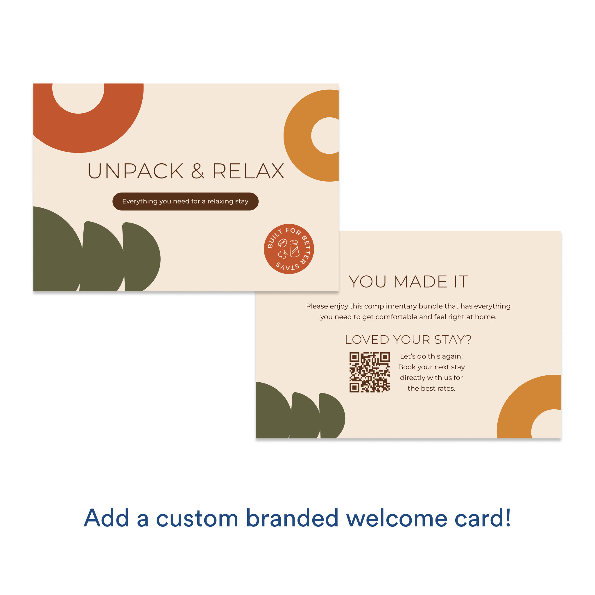 Branded welcome card reading "Unpack & Relax" with message about a complimentary stay bundle and a QR code for booking