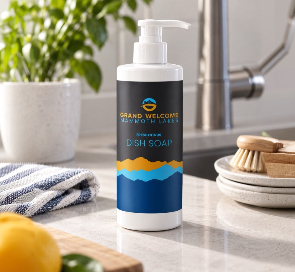 Grand Welcome Mammoth Lakes dish soap bottle on a kitchen counter