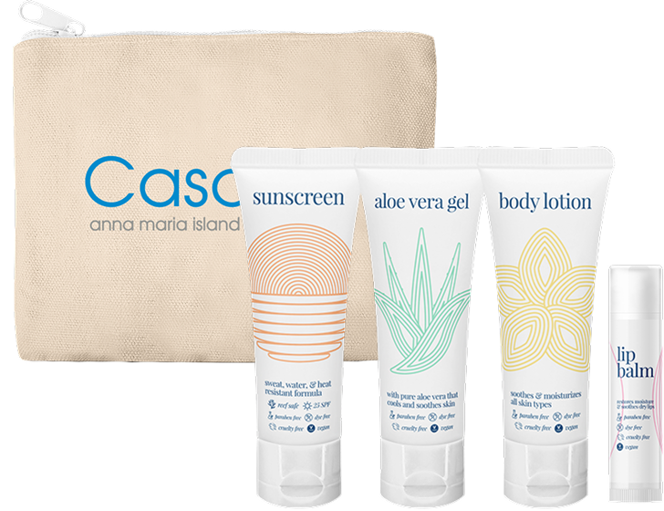 VIP kit with pouch, sunscreen, aloe vera gel, body lotion and lip balm